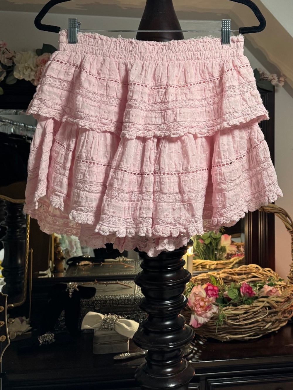 LoveShackFancy vintage baby pink mini skirt medium